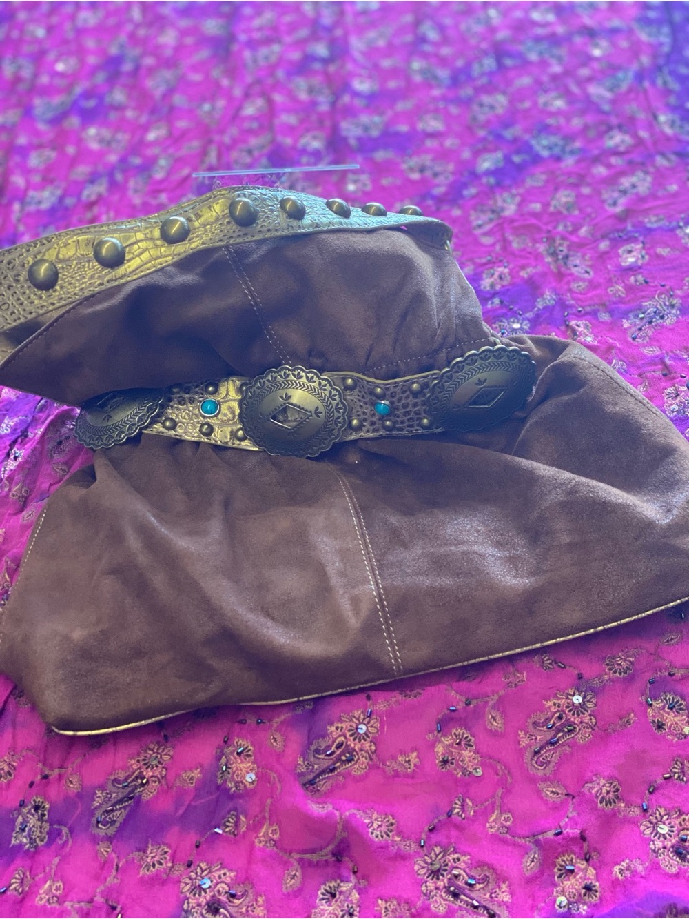 Brown Suede kathy purse with Decorative Concho Belt Accent